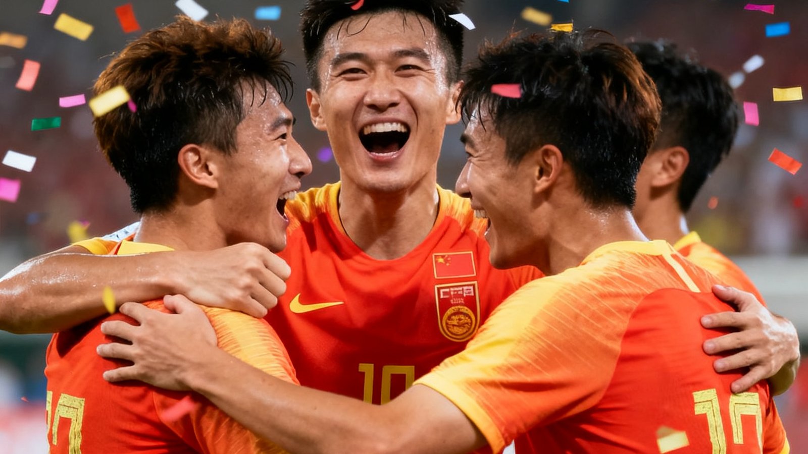 中国男足国家队在亚洲杯小组赛出线后球员们拥抱庆祝的激动场面